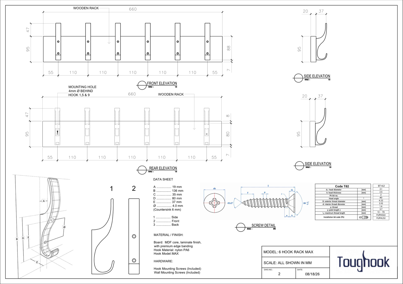 Dimensioned technical drawing for the 6-hook Toughook rack