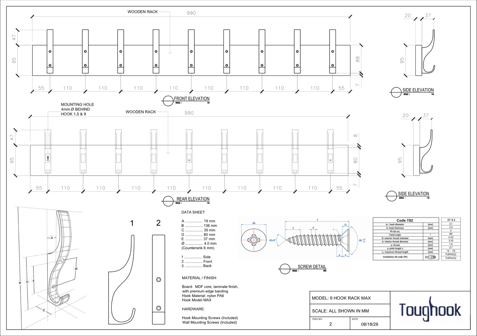 Dimensioned technical drawing for the 9-hook Toughook rack