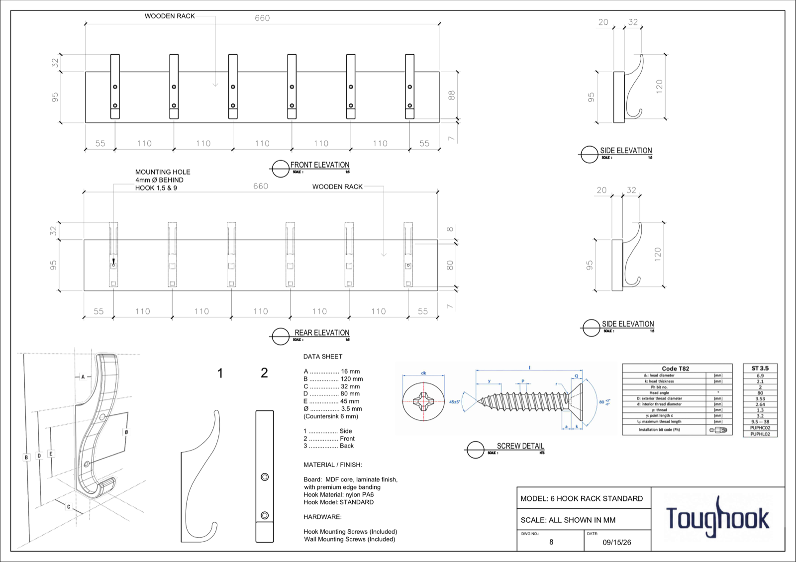 Dimensioned technical drawing for the Standard 6-hook Toughook rack